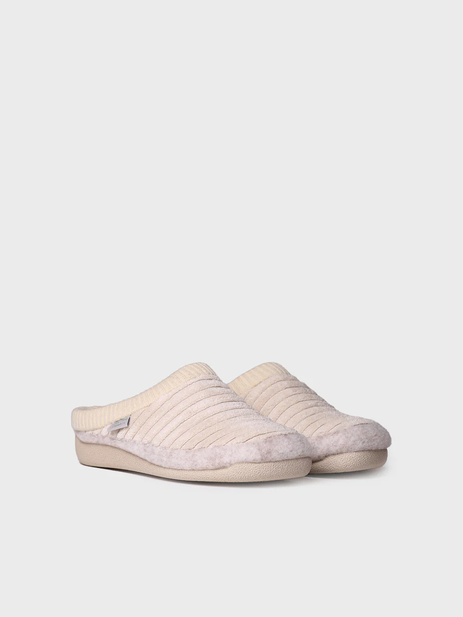 Zapatilla tipo zueco para mujer en fieltro y pelo sintético en Crudo | MALU-OD - Image 3