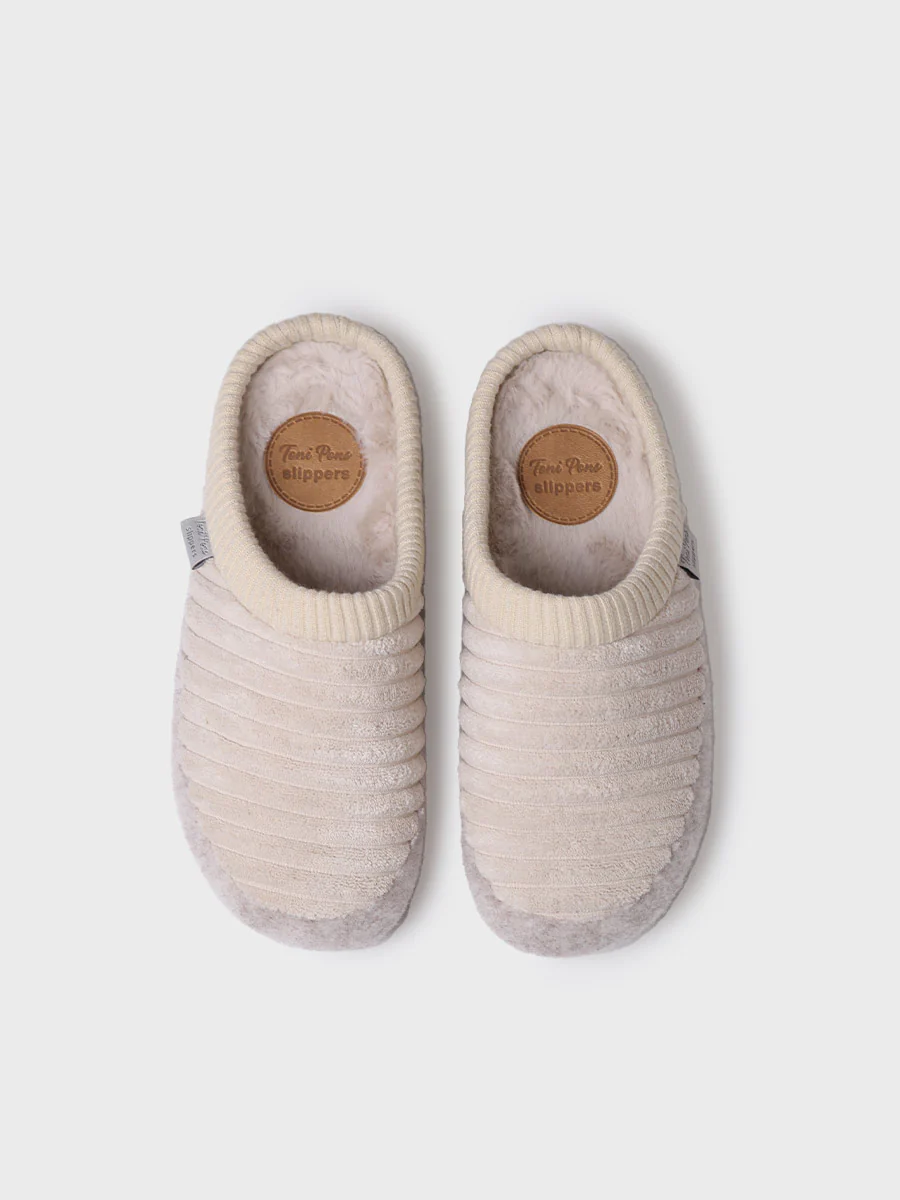 Zapatilla tipo zueco para mujer en fieltro y pelo sintético en Crudo | MALU-OD - Image 4